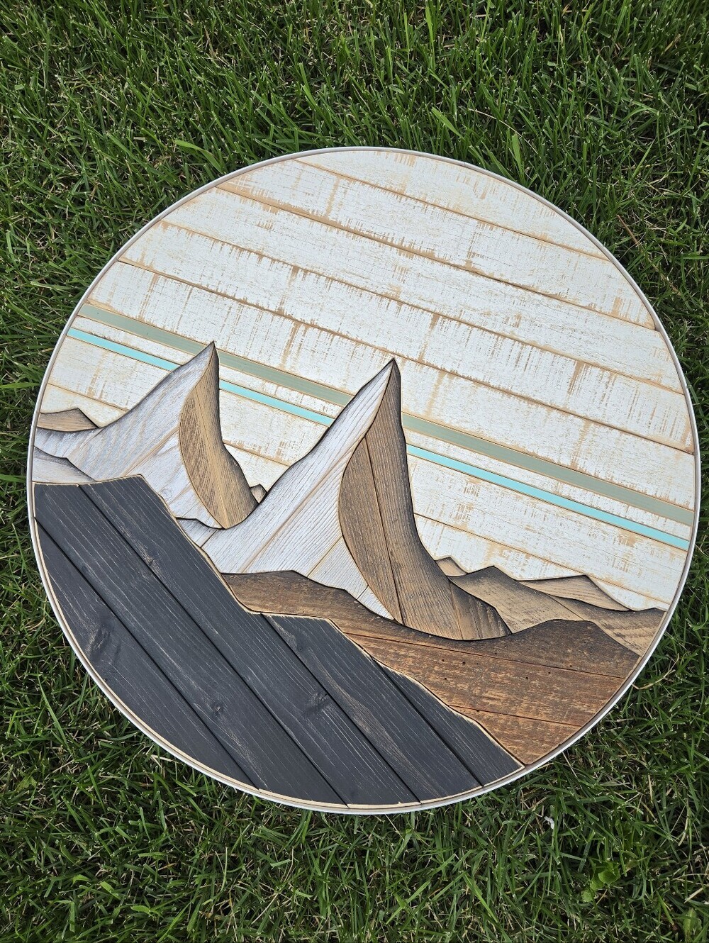 Forested Way Reclaimed Wood Mountain Wall Art 20" Round Mosaic Sign Boho Rustic